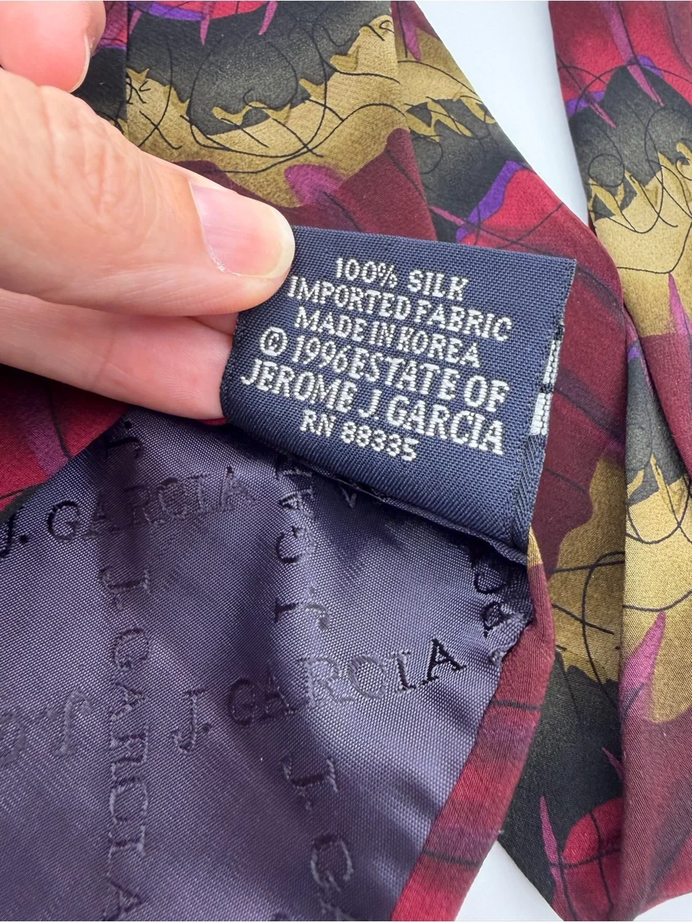 J Garcia Snail Garden Collection 14 Silk Tie Burgundy Gold Abstract Vintage 90s